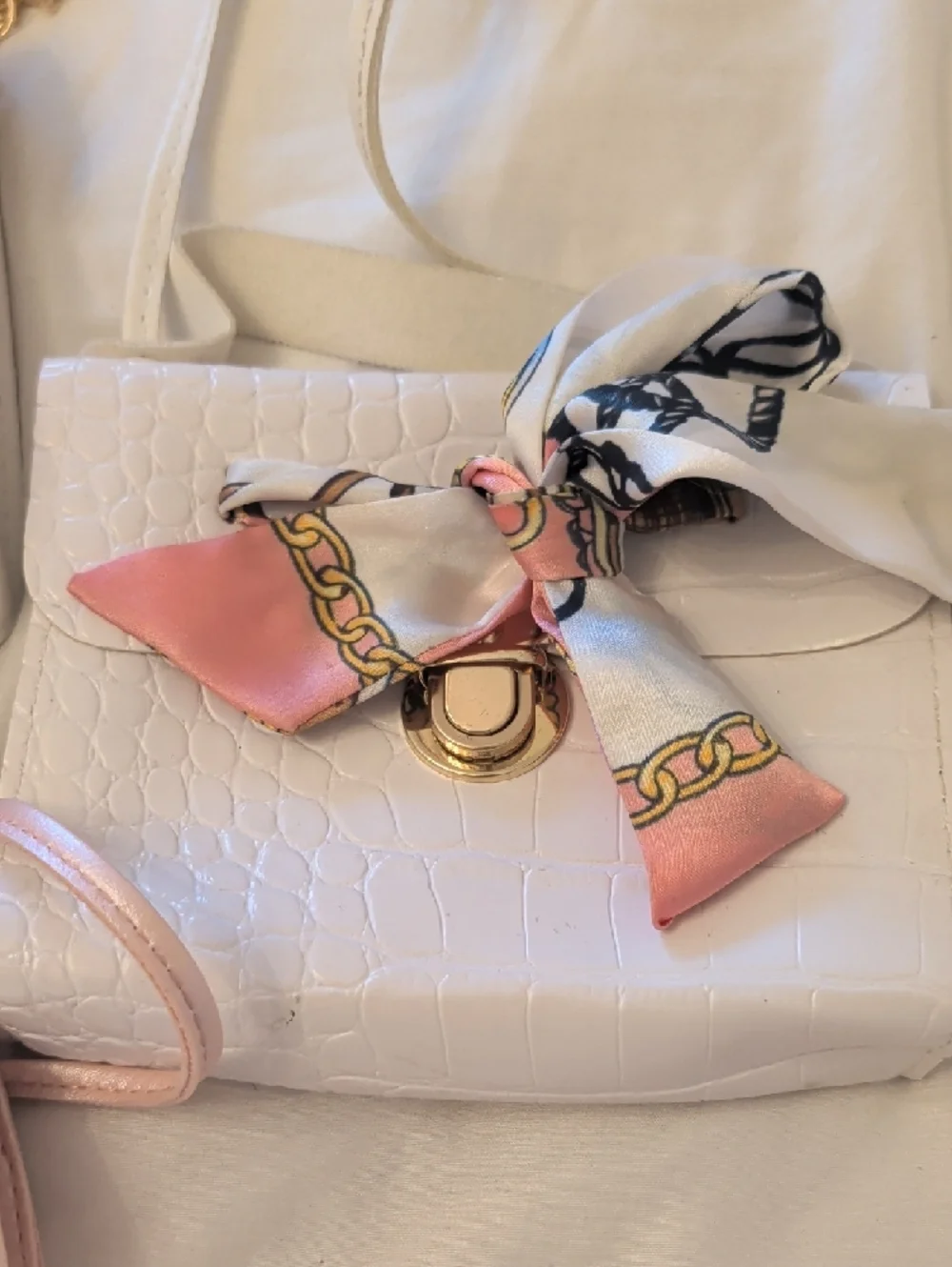 Women's White and Pink Crossbody Bag Set - Fashion Scarf Detail Set Of 3 - Picture 4 of 10